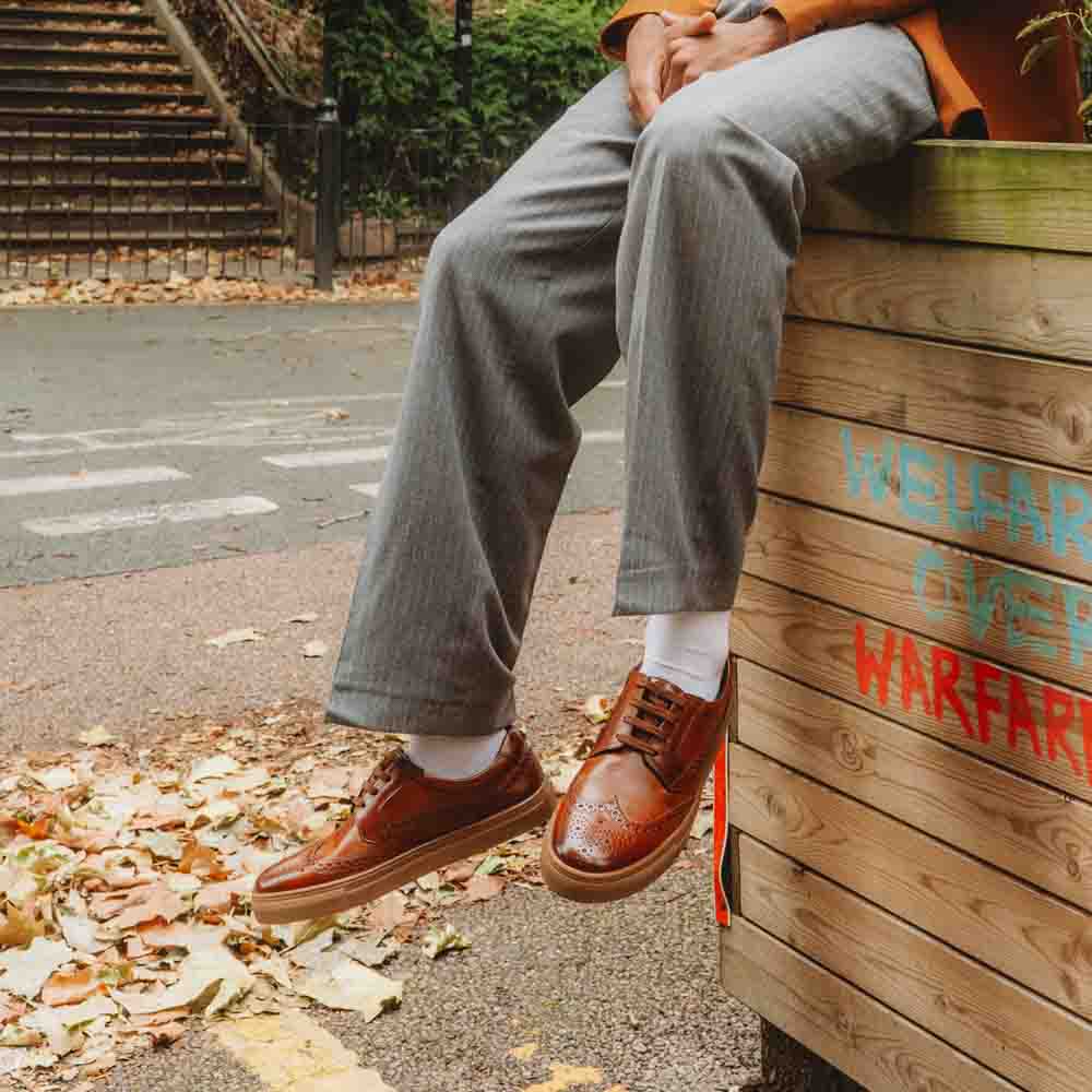 Clapton Washed Brogue Trainers Tan