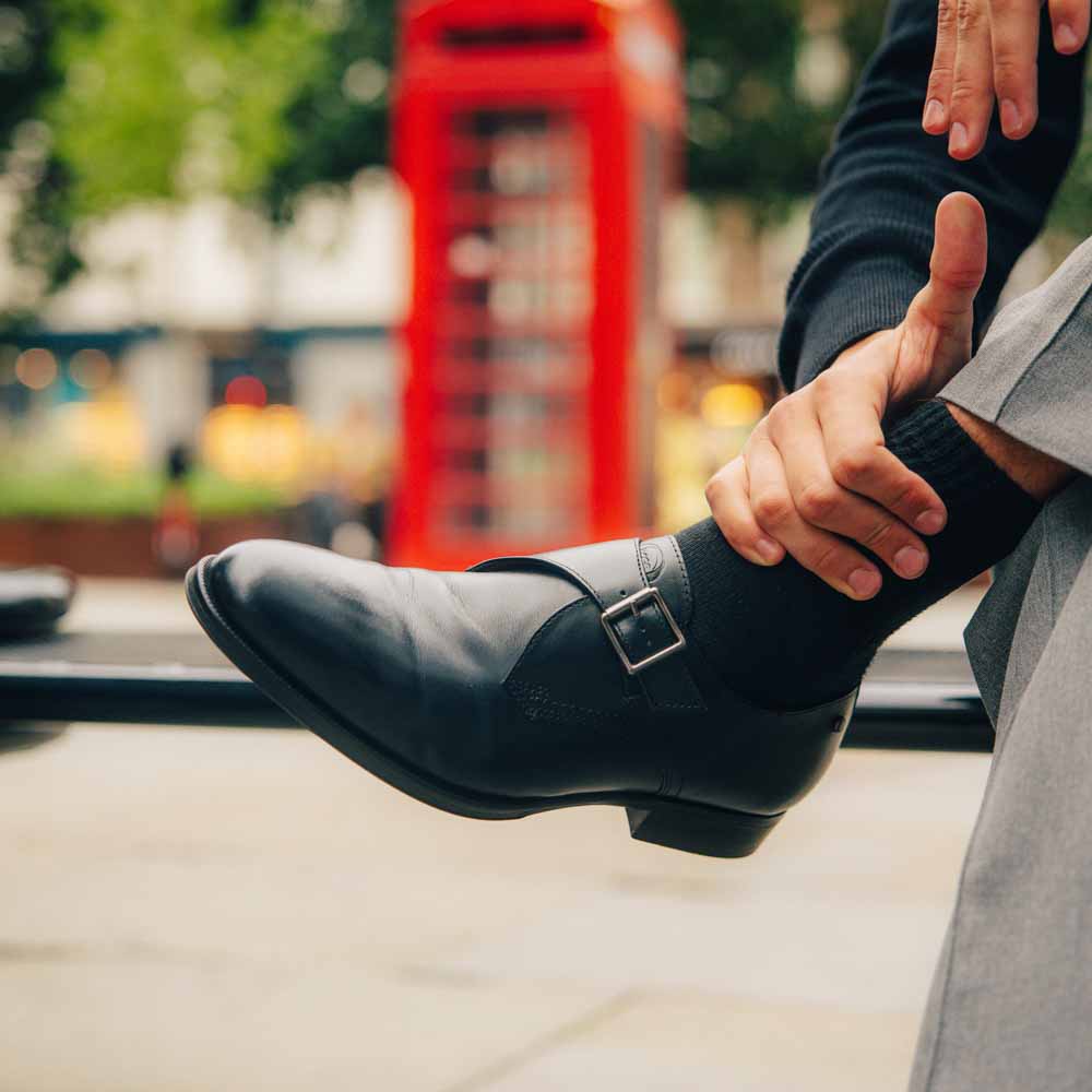 Men's Black Leather Faraday Monk Strap Shoes | Base London
