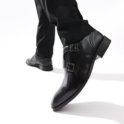 Cleric Leather Double Monk Shoes Black